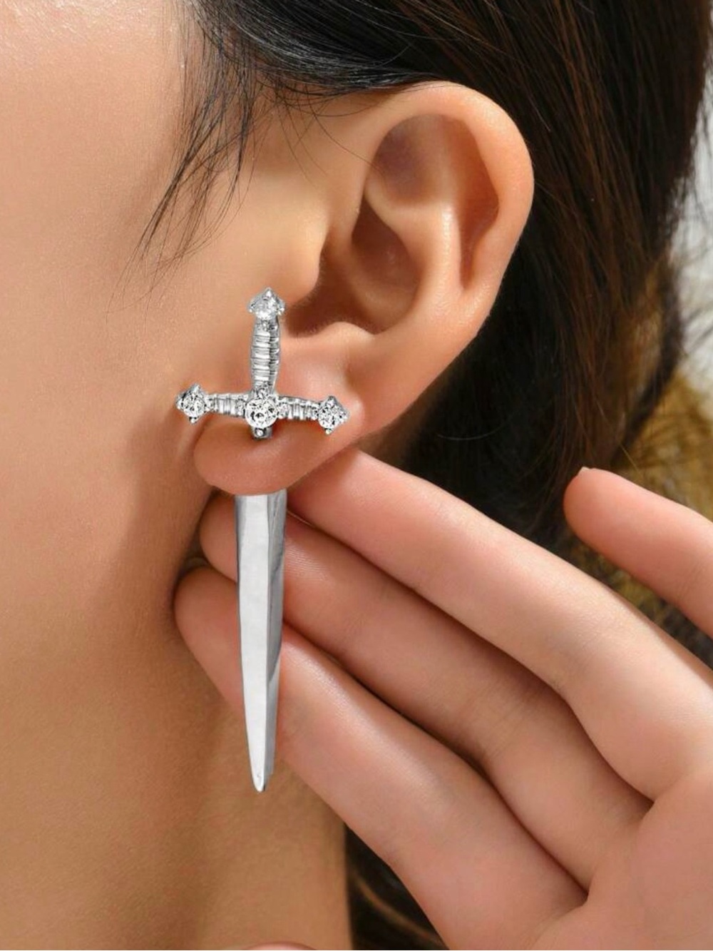Silver Dagger Drop Earrings with Crystal Cross Detail